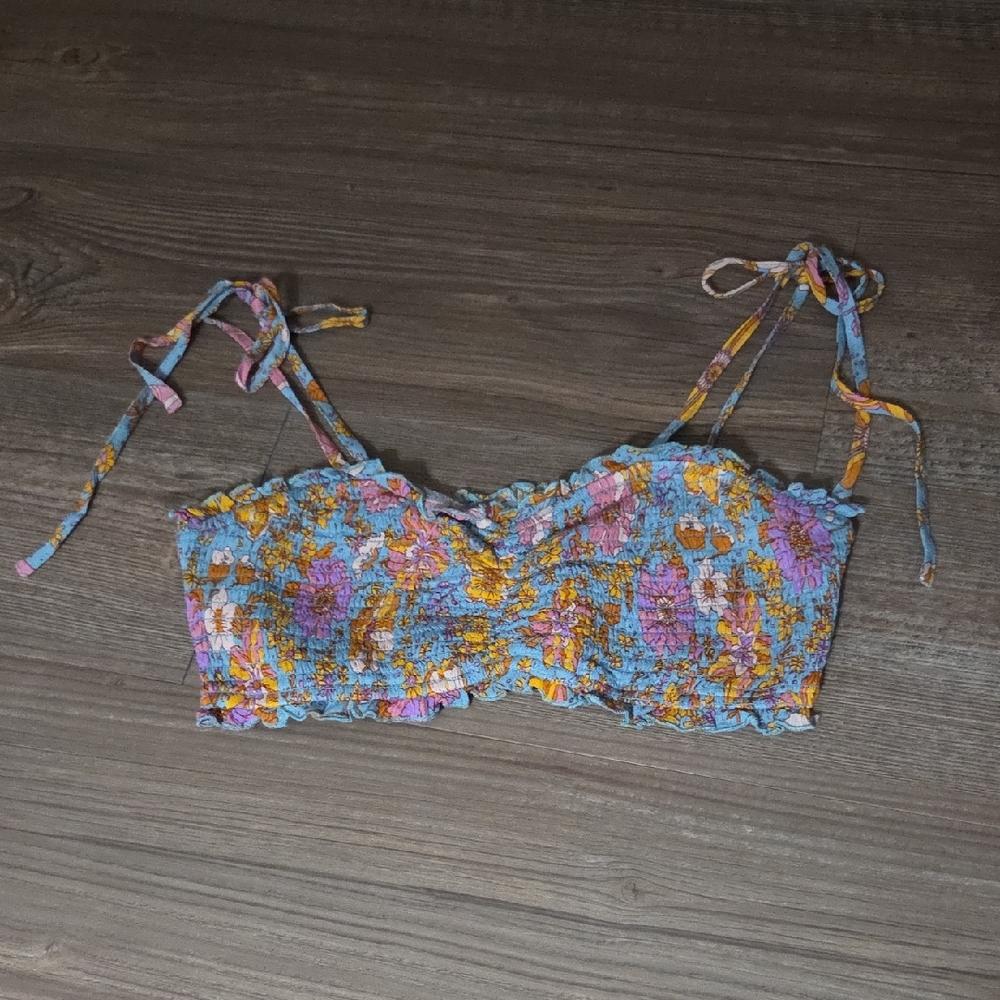 Floral Smocked Bandeau Crop Top with Tie Straps